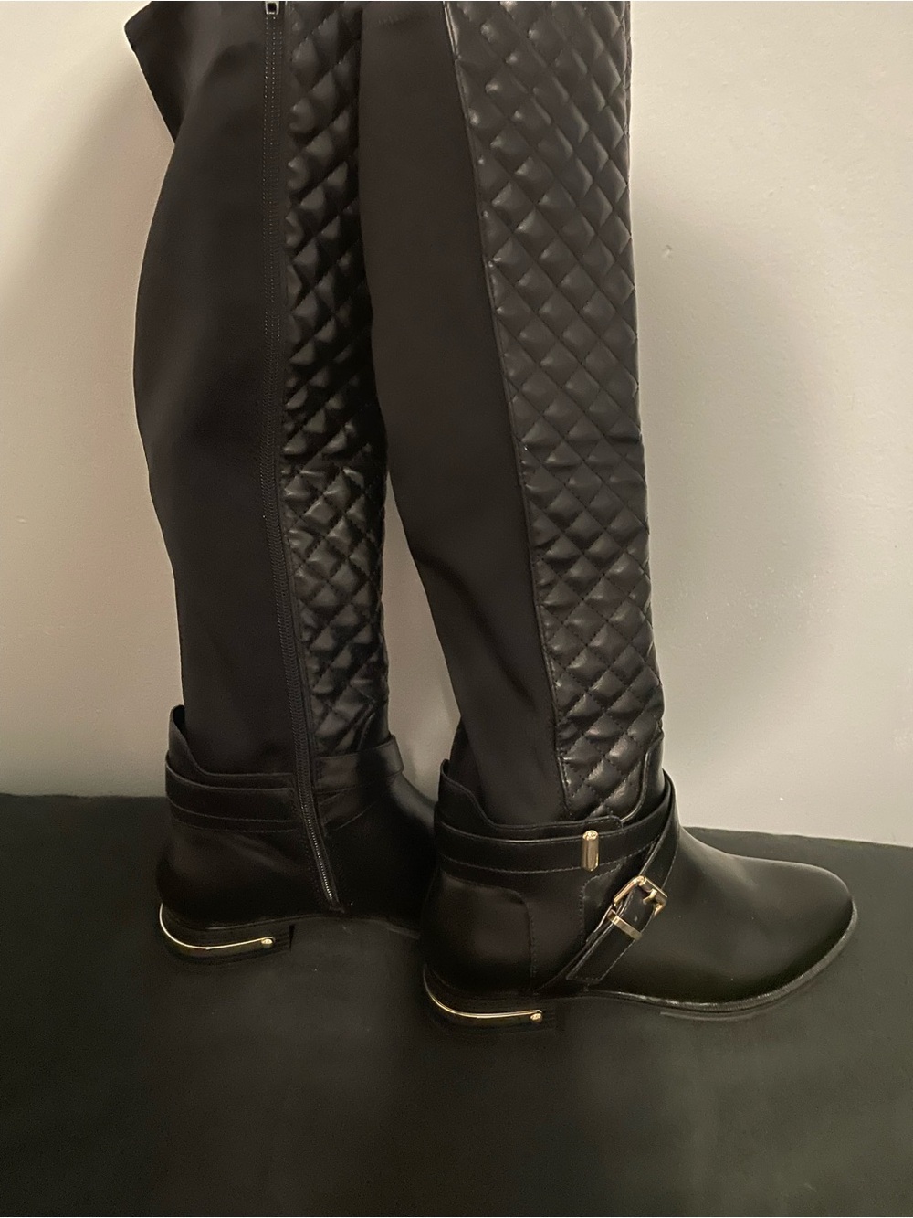 Shoe Dazzle Black Quilted Over-the-Knee Boots with Gold Accent
